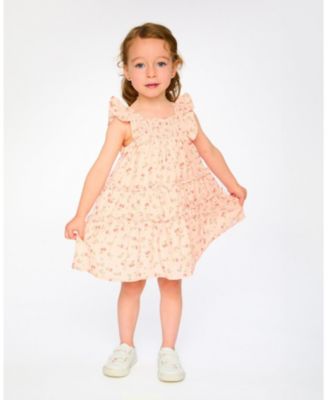 Little Girls Multi-Tiered Dress with Smocking Pink Printed Flowers