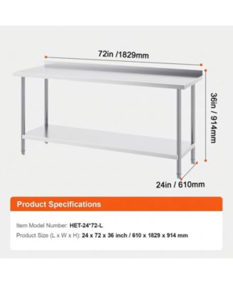Stainless Steel Heavy Duty Prep Work Table 24 x 72 x 36 in for Kitchen
