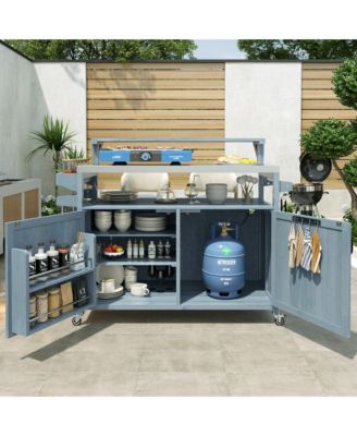 53.3inch Outdoor Kitchen Island with Raised Shelf, Solid Wood Storage Cabinet, Rolling Grill Cart with Rack, Adjustable Shelf and Spice Rack