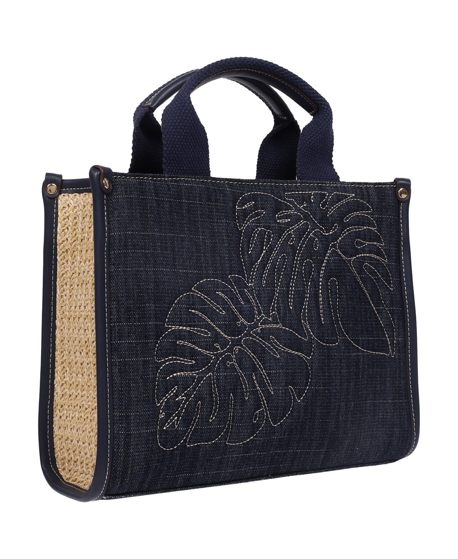 Dorothy Medium Denim Tote - Embroidered Leaf Convertible Top Handle and Crossbody Bag