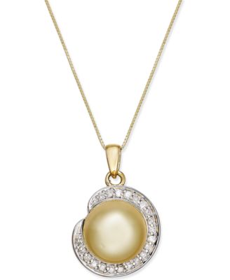 Macy's - Cultured Golden South Sea Pearl (11mm) and Diamond (1/4 ct. t.w.) Pendant Necklace in 14k Gold