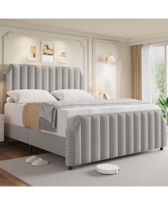 gaomon - Velvet Bed Frame, 50.2 in Tall Headboard & Footboard, Upholstered Platform Queen Bed Frame with Nailhead Trim, No Box Spring Needed Grey