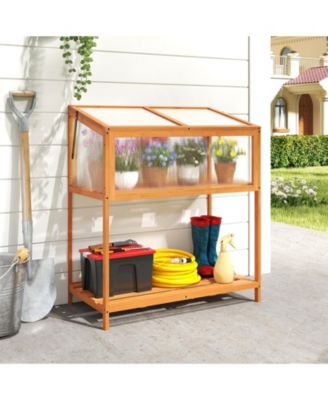 Wood Cold Frame Greenhouse with Transparent Openable Roof and Slatted Storage Shelf