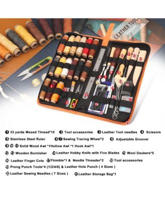 66 Pcs Leather Working Tools Kit Waxed Thread Groover Awl Stitching Punch Hole Beginner Craft Gifts