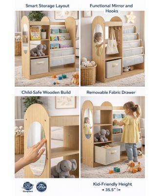 Kids Toy Storage Organizer with 4-Tier Sling Bookshelf and Full-Length Mirror