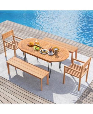 71 in Teak Wood Patio Dining Table for 6 with Sturdy Metal Frame