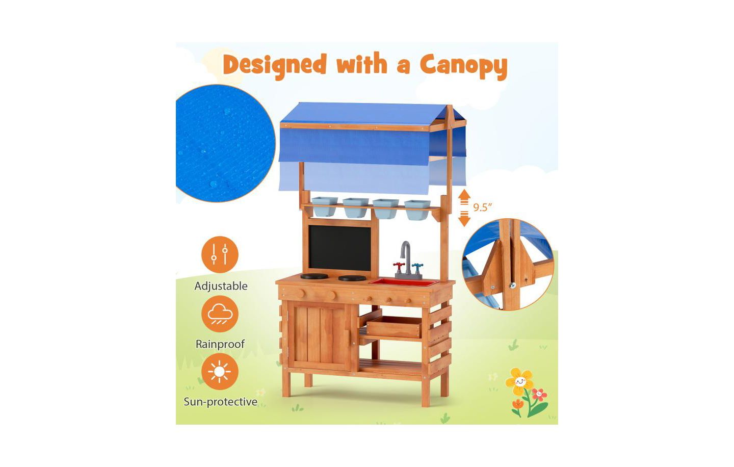 Детская игрушка HONGGE Wooden Adjustable-Canopy Pretend Play Kitchen with Accessories, Ages 3+, цвет: Натуральный — фото 8