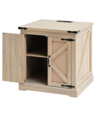 Farmhouse Rattan Storage End Table 24-Inch with USB Ports