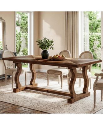 Solid Wood Dining Table for 4-6 People, 63" Farmhouse Rectangle Kitchen Table with Diamond Parquetry Top and S-Scroll Legs