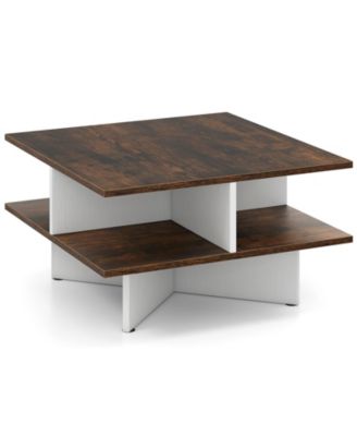 2-Tier Square Coffee Table with 4 Storage Compartments
