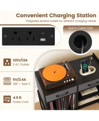 Large Mid-Century Record Player Stand with Charging Station and Vinyl Cabinet, 30 x 14 x 27 in