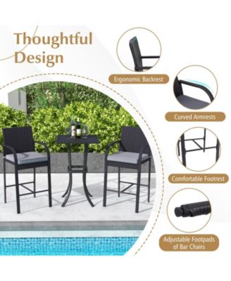 3-Piece Patio PE Rattan Bar Height Chairs and Square Table Set with Cushions