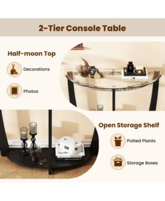 2-Tier Tempered Glass Half-Moon Console Table with Open Shelf, 40 x 16 x 30 in