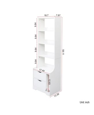 Tall Nightstand with Bookshelf - Freestanding Bedside Table with 2 Storage Drawers, Wood 4-Tier Bookcase for Bedroom