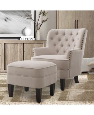 Vintage Button-Tufted Velvet Chair and Ottoman Set with Nailhead Trim and Solid Wood Legs