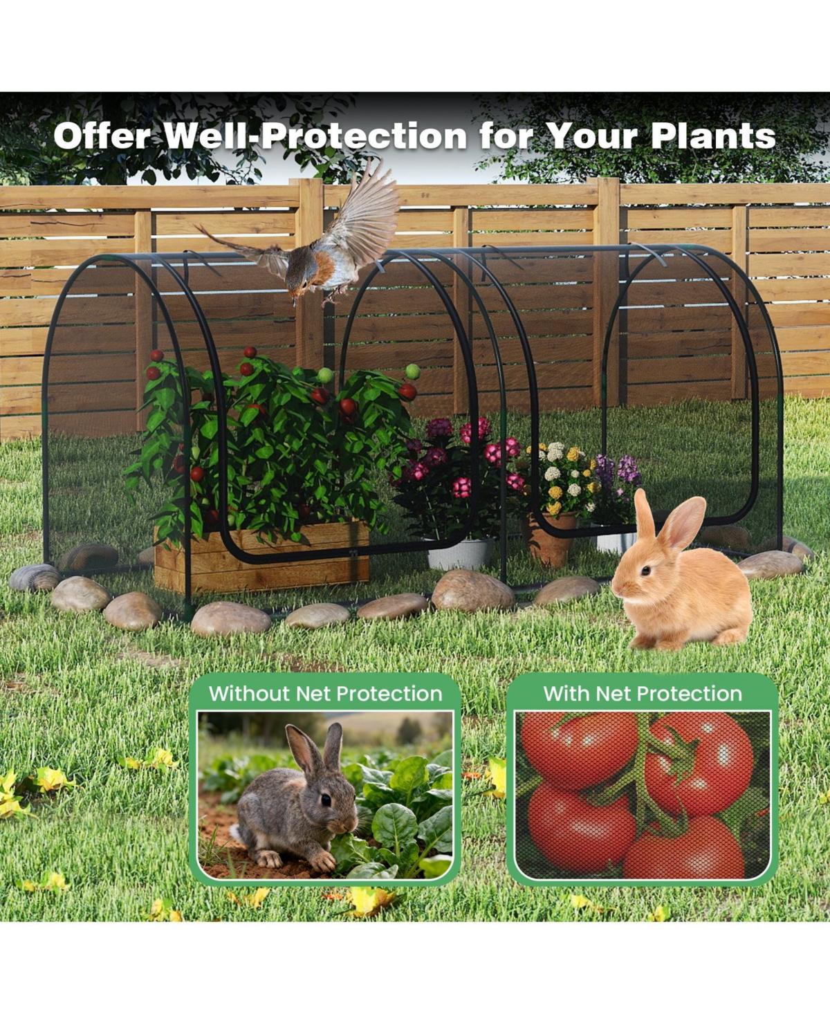 Sugift Tunnel Crop Cage Large Portable Plant Protection Tent with 2 Roll-up Zippered Doors