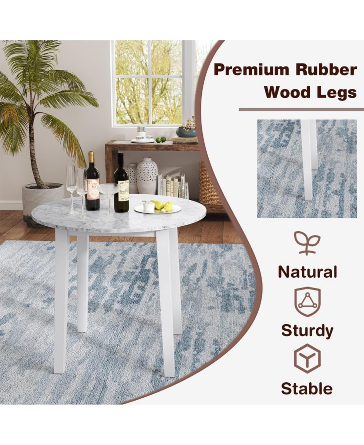 Gouun 35 in Round Marble-Textured Dining Table with Rubber Wood Legs