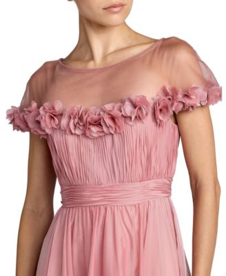 Women's Chiffon Illusion Neck Midi Dress with 3D Flowers