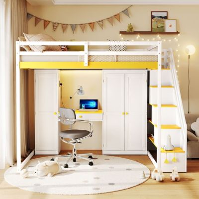 Loft Bed w/Storage Stairs, Vanity, Wardrobe, USB/Lights