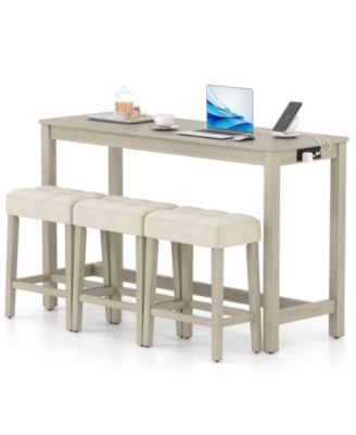 4-Piece Counter Height Bar Table Set with 3 Upholstered Stools and Built-in Charging Station, 59 x 20 x 35.5 in