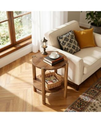 2-Tier Solid Wood Round Side Table, Farmhouse Rustic Nightstand, Small End Table