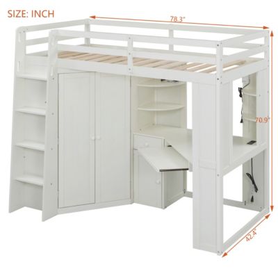 Loft Bed with Wardrobe and Desk, Charging, Lights