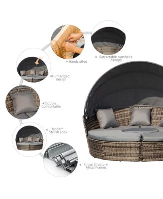4-Piece Rattan Patio Furniture Set, Round Convertible Daybed or Sunbed with Adjustable Sun Canopy, Sectional Sofa, 2 Chairs, Table, 3 Pillows, Gray