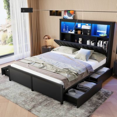 King Bed Frame w/ Storage Headboard, LED, Charging, 4 Drawers, Metal