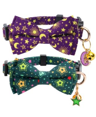 2 Pack Cotton Cat Collars with Bow Tie Bell Adjustable Breakaway Whale Flamingo Patterns for Spring Summer Male Female