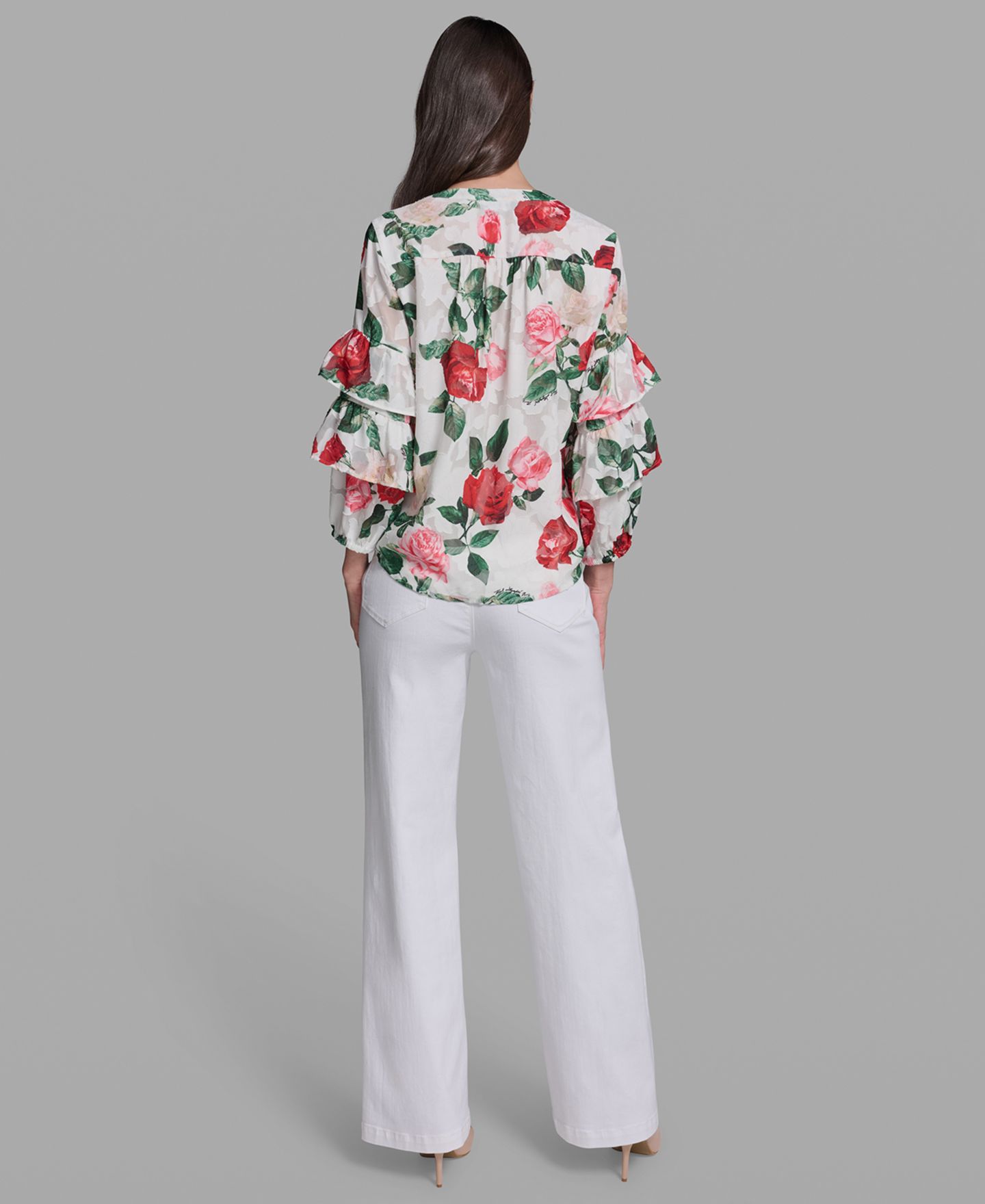Женская блузка KARL LAGERFELD PARIS Petite Ruffle-Sleeve Rose Print Blouse, цвет: Мягкий белый разноцветный — фото 5