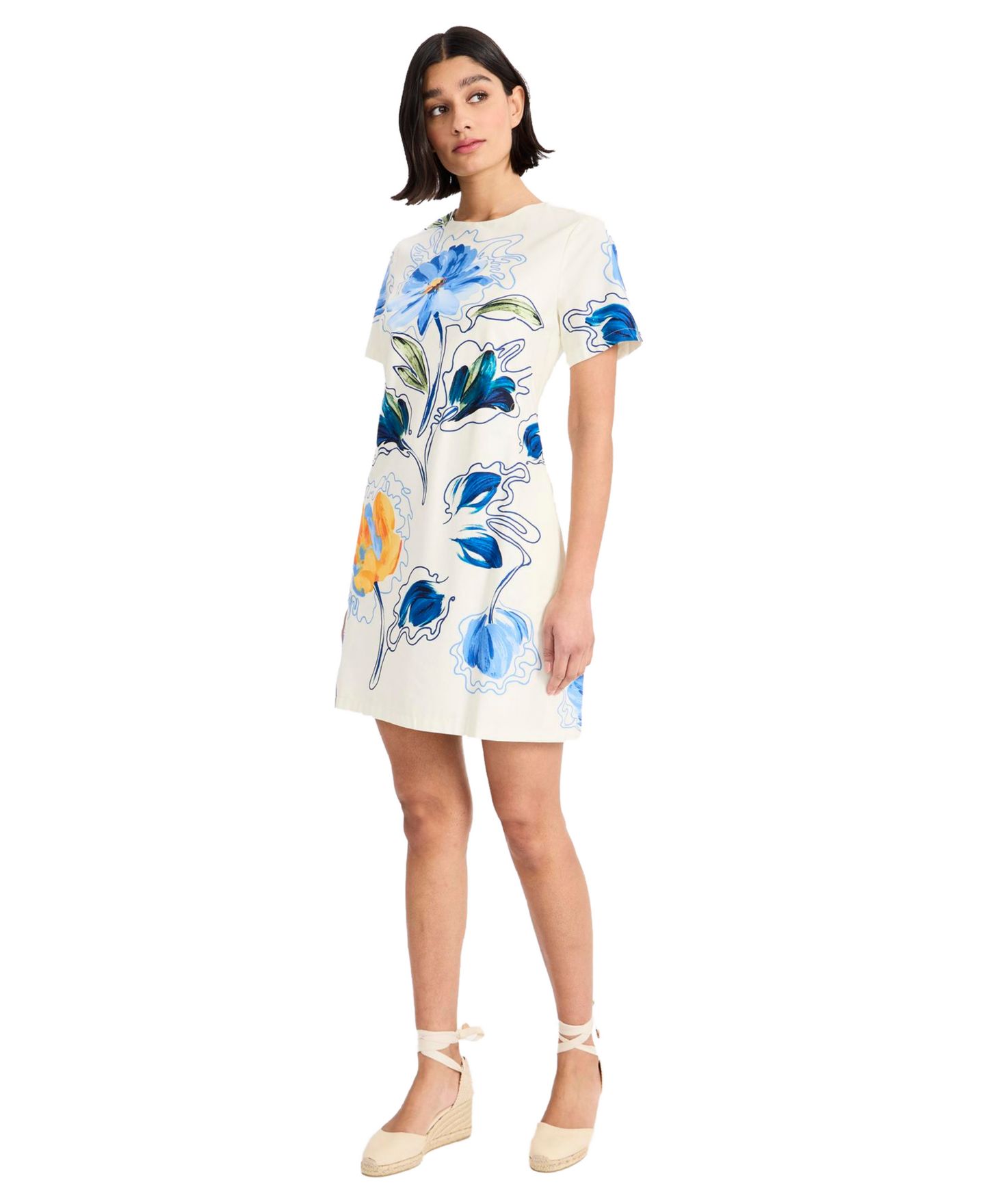 Женское платье Maggy London Crew Neck Short-Sleeve Short, цвет: Слоновая кость / Синий — фото 1