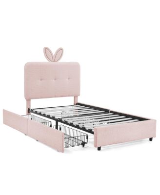 Twin Rabbit Ear Upholstered Bed w/LED and 4 Drawers
