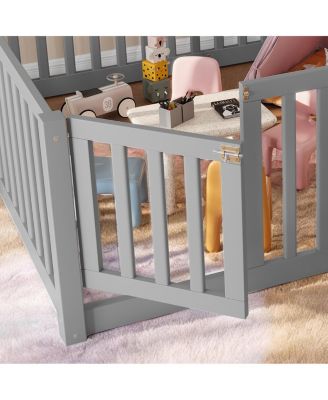 Full Size Bed Floor Bed with Safety Guardrails and Door for Kids