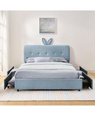 Kids Upholstered Bed w/ Rabbit Headboard, LED and Drawers