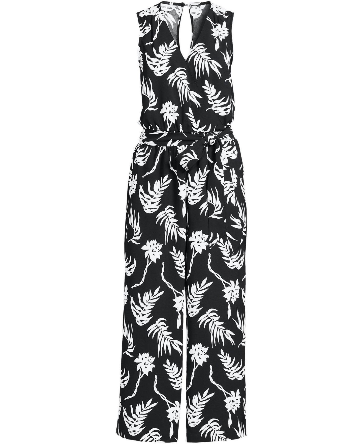Женский комбинезон Lands' End Sleeveless Creaseless Wrap Jumpsuit with Smocked Waist, цвет: Чёрный с принтом — фото 3