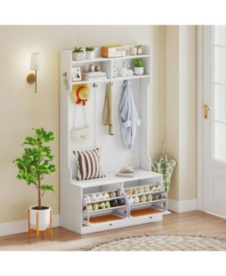 4-in-1 Entryway Hall Tree with Coat Rack, Shoe Bench and Flip Drawers