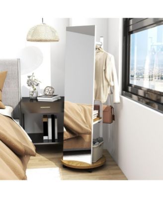 Freestanding Coat Rack with Full-Length Mirror, 3 Hooks and Storage Shelves on Wheels