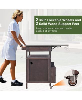 40.5inch Outdoor Grill Cart with Stainless Steel Top, Solid Wood Storage Cabinet with Drop Leaf, Drawer, Towel Rack and Lockable Wheels