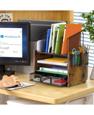 Mesh Desk Organizer 4-Tier Wooden File 5 Holders 2 Pen Drawer