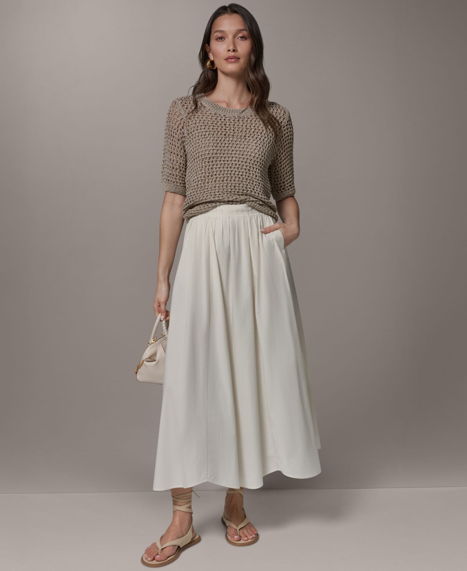 Women's Stretch Poplin Stripe Pleated Skirt with Scalloped Hem
