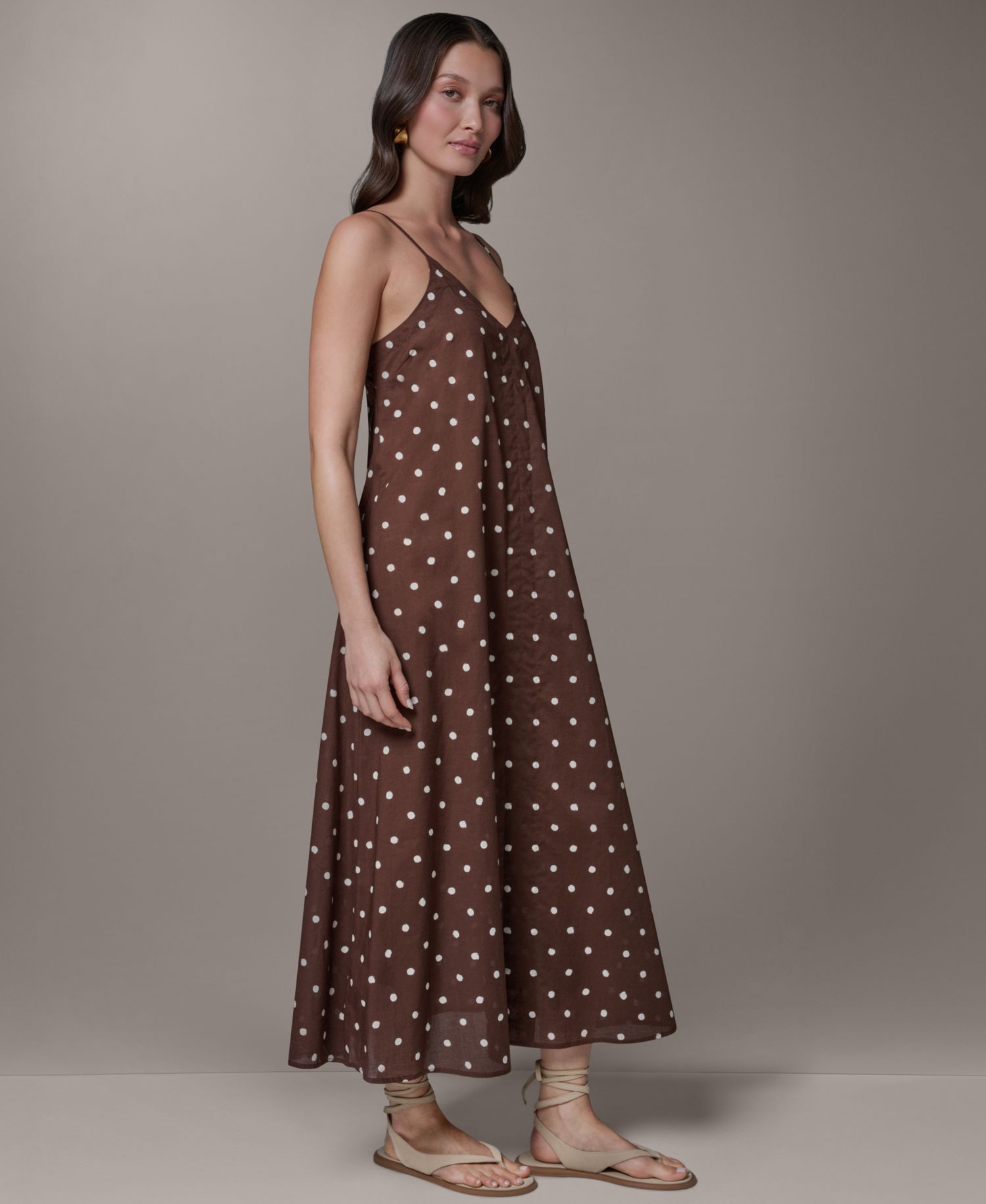 Women's Cotton Voile Dot Print Elastic Back V-Neck Spaghetti Strap Maxi Dress