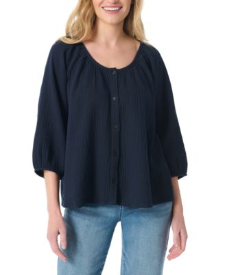 Women's Gauze Round Neck Peasant Top