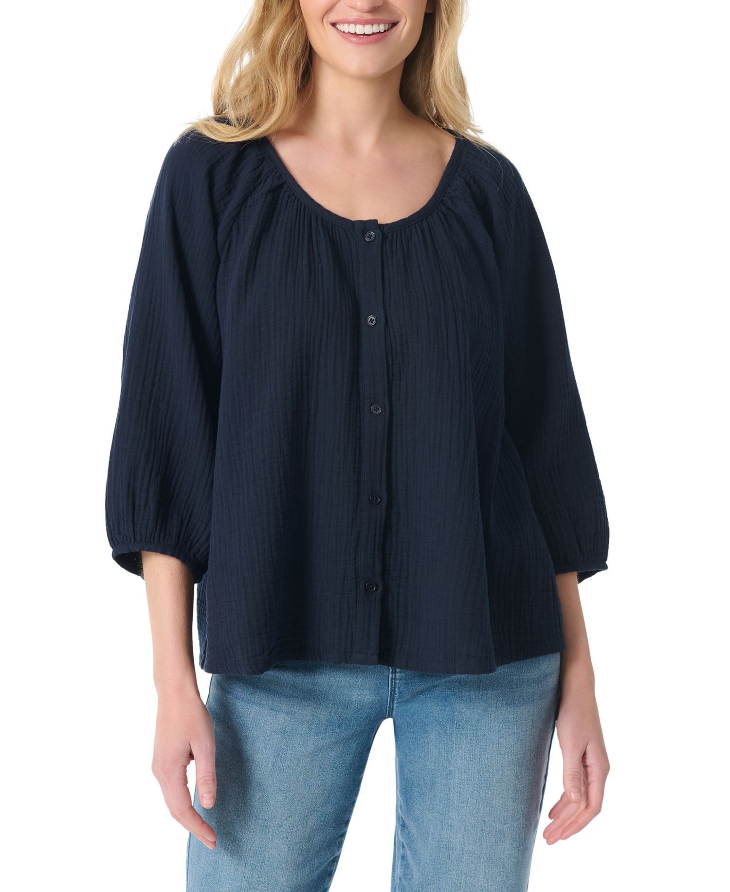 Women's Gauze Round Neck Peasant Top