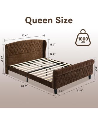 Queen Sleigh Bed Frame, Chenille Wingback Headboard, Button Tufted Footboard, Wood Slat Support, No Box Spring, Noise-Free, Easy Assembly