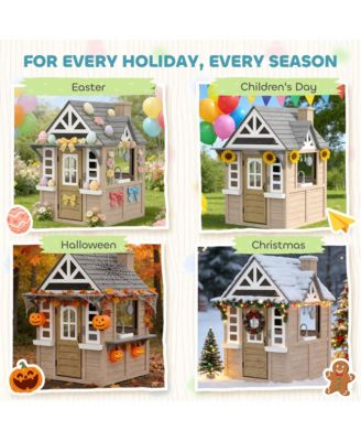 Outdoor Playhouse, Wooden Kids Playhouse with Dog Door, Cookware, Bell