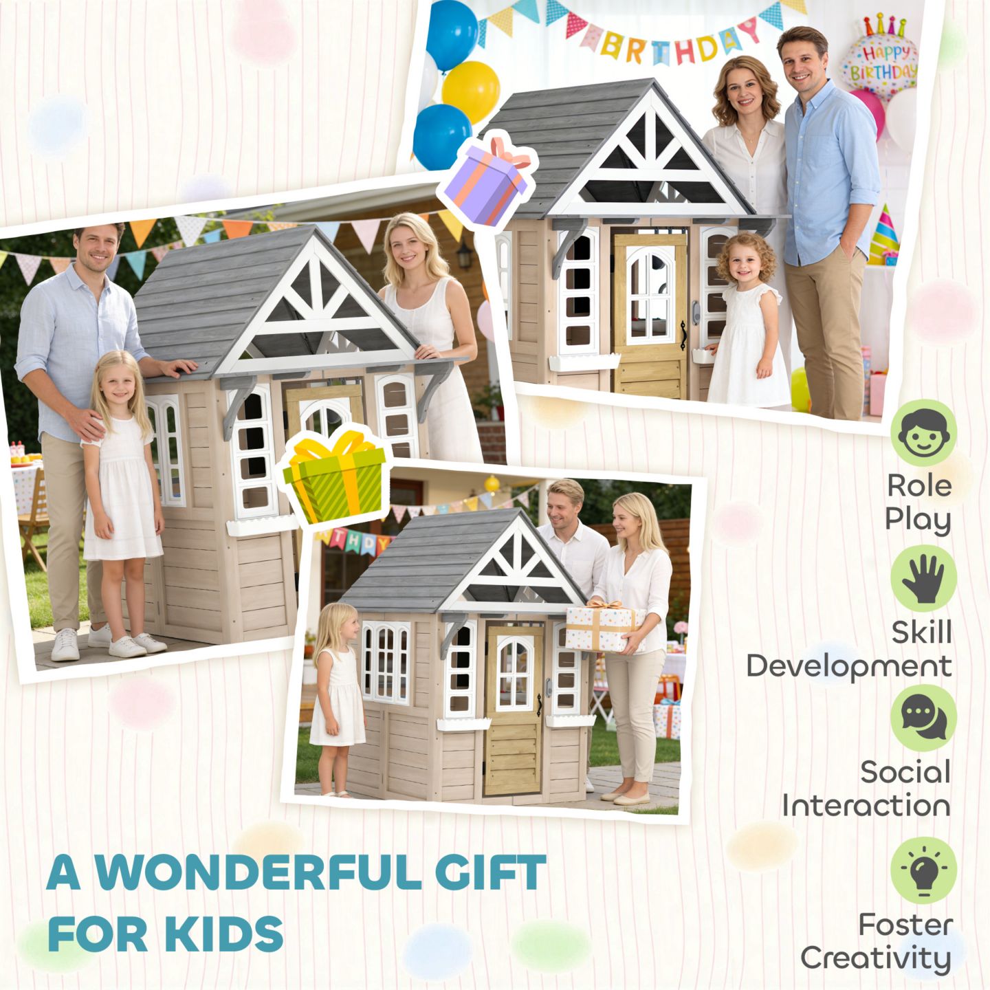 Детские игрушки Qaba Cottage 55.5"L x 44.9"W x 64.6"H Wooden Outdoor Playhouse with Play Stove Set and Dog Door, Fits Up to 4 Kids, Ages 2+, цвет: Серый — фото 9