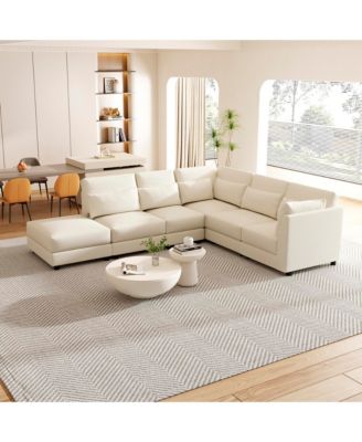 5-Piece Modular Linen Fabric Sectional Sofa with Ottoman, L-Shaped Convertible Living Room Set