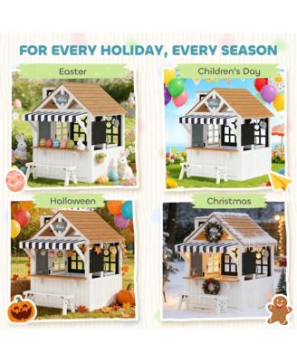 Outdoor Playhouse, Wooden Kids Playhouse with Dog Door for Garden