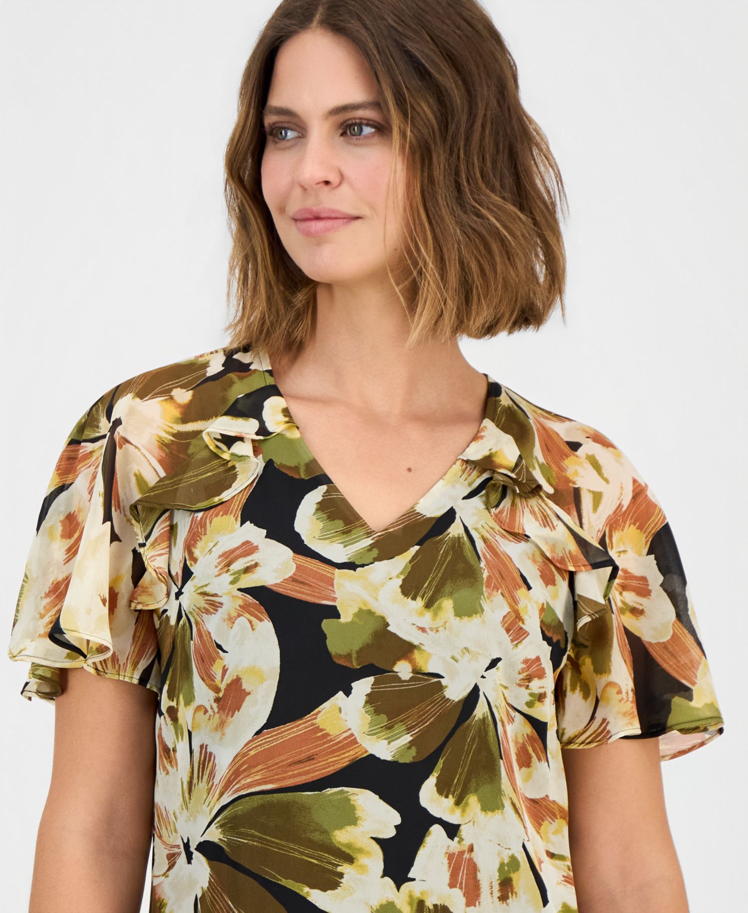 Petite V-Neck Ruffle-Sleeve Blouse