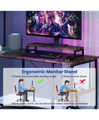 L-Shaped Reversible Gaming Desk with LED Strip and Power Outlets Hutch Monitor Stand